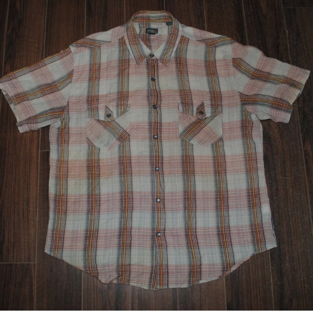 Royal Robbins Snap Short Sleeve Striped Brown Shirt XL Regular Fit Chest 48"